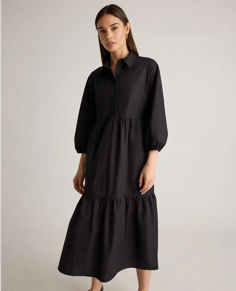 Quince 100% Organic Cotton Black Midi Tiered Tunic Shirt Dress XL $138